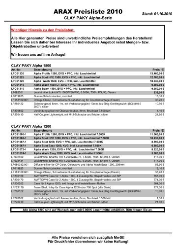 ARAX Preisliste 2010