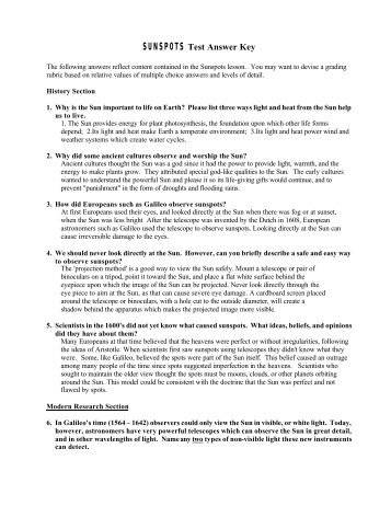 SUNSPOTS Test Answer Key - Center for Science Education