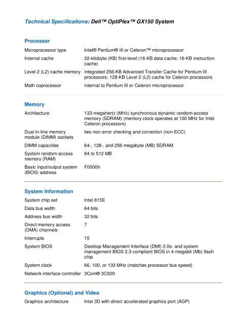 Technical Specifications: Dell? OptiPlex? GX150 System