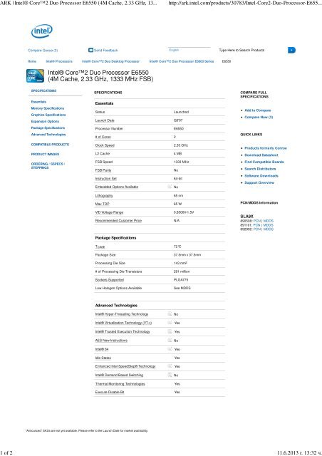 ARK | Intel\256 Core\2312 Duo Processor E6550 \(4M Cache, 2.33 ...