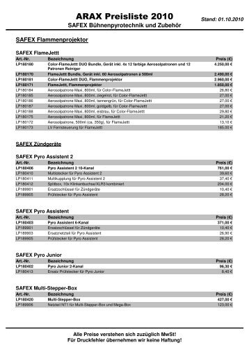 ARAX Preisliste 2010