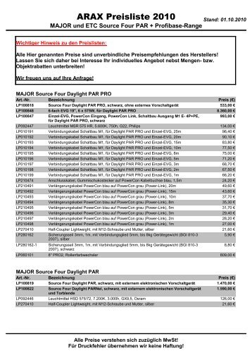 ARAX Preisliste 2010