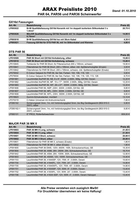 ARAX Preisliste 2010