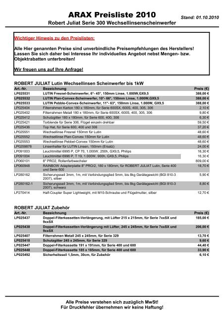 ARAX Preisliste 2010