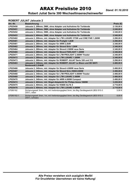 ARAX Preisliste 2010