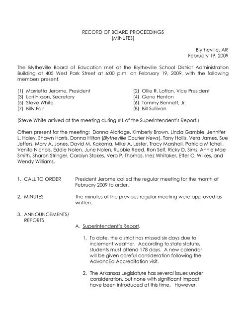 RECORD OF BOARD PROCEEDINGS (MINUTES) Blytheville, AR ...