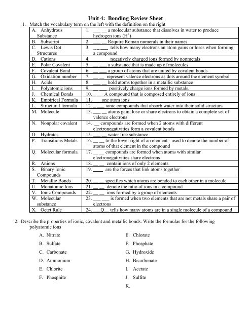 Worksheet 13 Bonding Multiple Choice Review Sheet