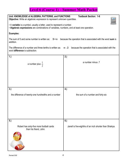 Level 6 (Course 1) – Summer Math Packet - Middletown High School