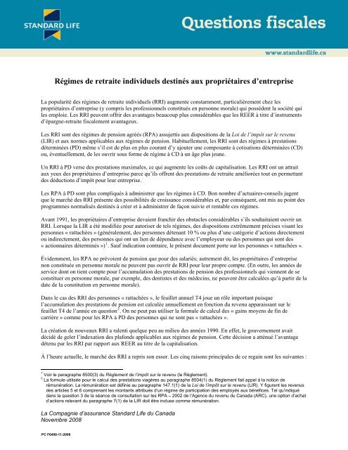 Régimes de retraite individuels destinés aux ... - Standard Life