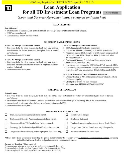 Loan Application For All Td Investment Loan Programs Standard Life