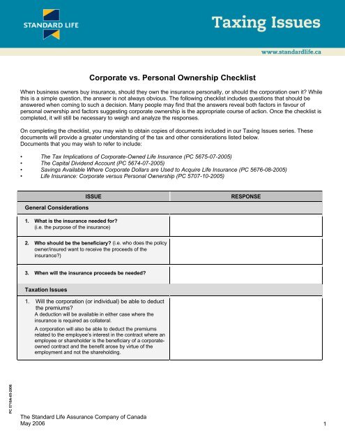 Corporate vs. Personal Ownership Checklist - Standard Life