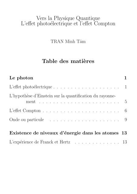 Vers la Physique Quantique L'effet photoélectrique et l'effet ...