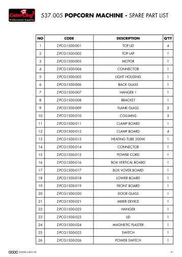 537.005 POPCORN MACHINE - SPARE PART LIST - EMGA