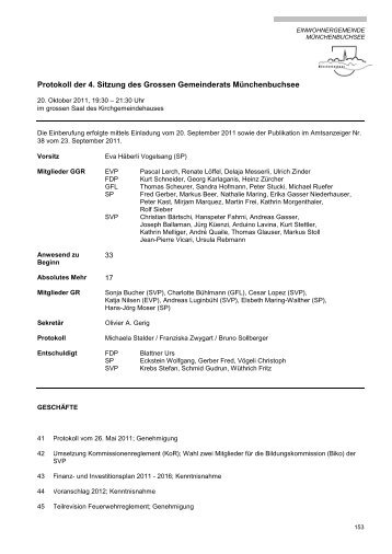 Protokoll der 4. Sitzung des Grossen Gemeinderats Münchenbuchsee