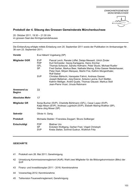 Protokoll der 4. Sitzung des Grossen Gemeinderats Münchenbuchsee