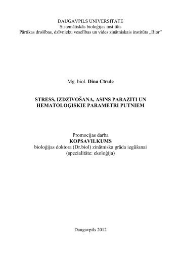 Mg. biol. Dina Cīrule STRESS, IZDZĪVOŠANA, ASINS PARAZĪTI UN ...