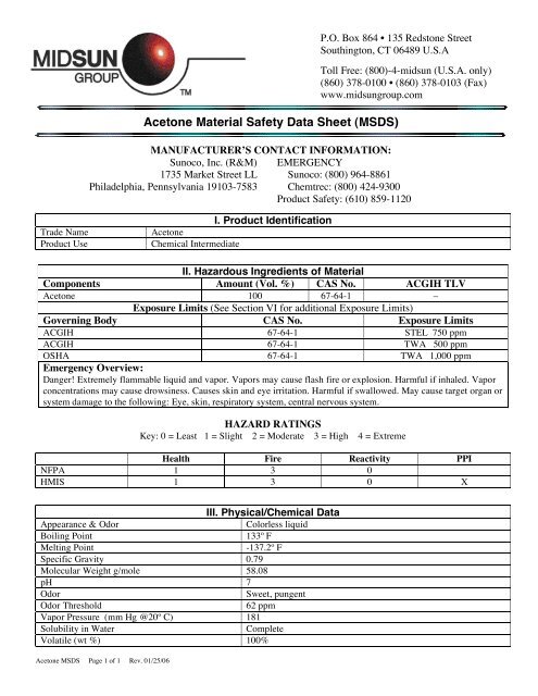Acetone Material Safety Data Sheet (MSDS)
