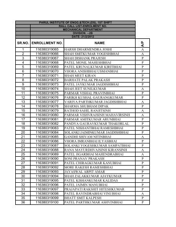 sr.no. enrollment no. name a/p 1 116380319065 harsh dharmendra ...