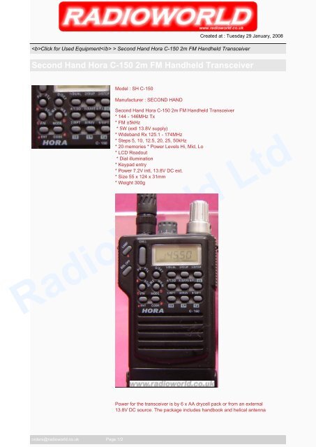 Second Hand Hora C-150 2m FM Handheld Transceiver