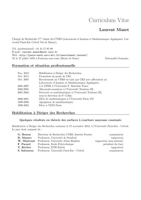 Curriculum Vitæ - Université Paris-Est Marne-la-Vallée