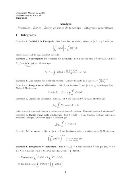 Séries - Suites et séries de fonctions - Intégrales généralisées. 1 ...