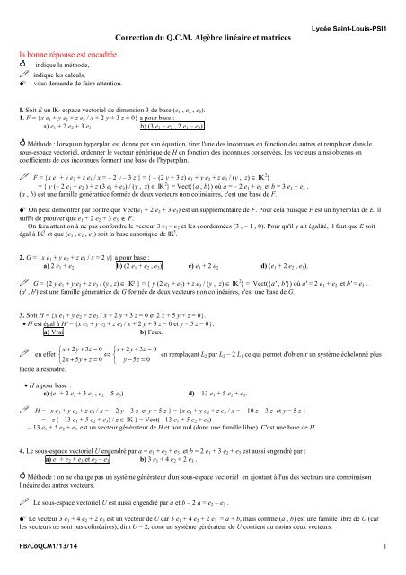 Correction Du Q C M Algebre Lineaire Et Matrices La Bonne Reponse