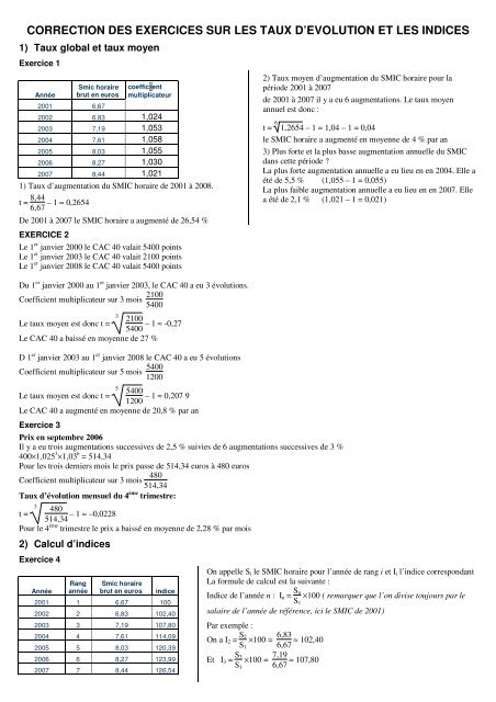 correction des exercices sur les taux d'evolution et les indices