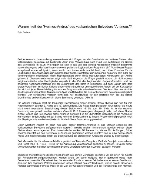 Des Vatikanischen Belvedere Antinous Walter Peter Gerlach