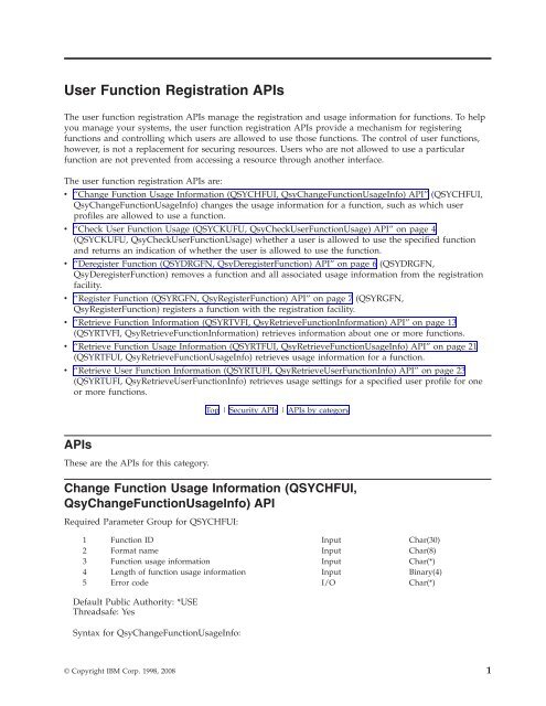 System i: Programming User Function Registration APIs - IBM