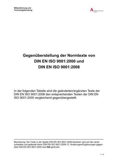 Gegenüberstellung der Normtexte von DIN EN ISO 9001:2000 und ...