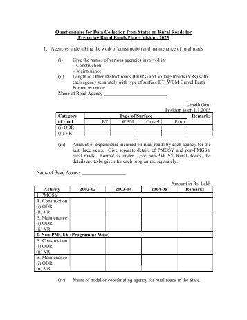 Questionnaire for Data Collection from States on Rural ... - pmgsy