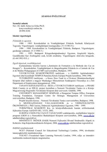 SZAKMAI ÖNÉLETRAJZ Személyi adatok Név: Dr. habil. Könyves ...