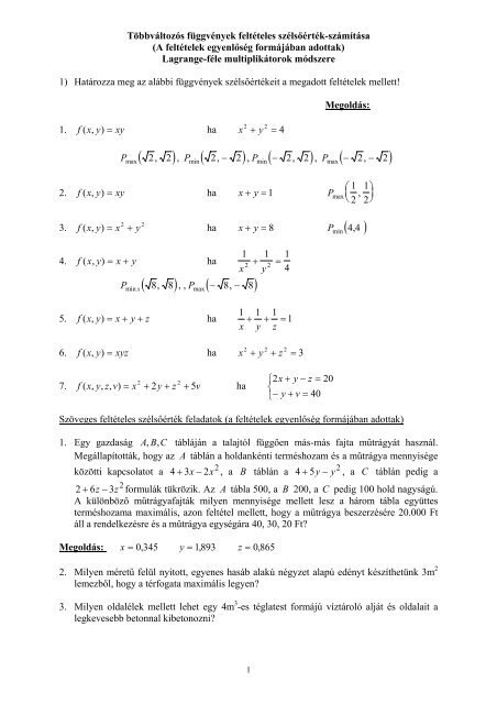 Feladatok: Feltételes szélsőérték-számítás.