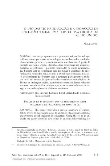 O uso das TIC na educação e a promoção de inclusão social