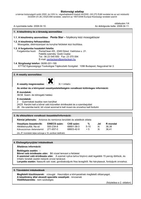Biztonsági adatlap 1.1. A készítmény azonosítása: Penta Star ...