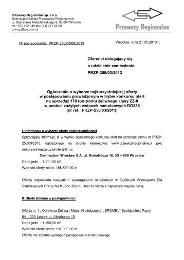 Ogłoszenie o wyborze najkorzystniejszej oferty - Przewozy ...