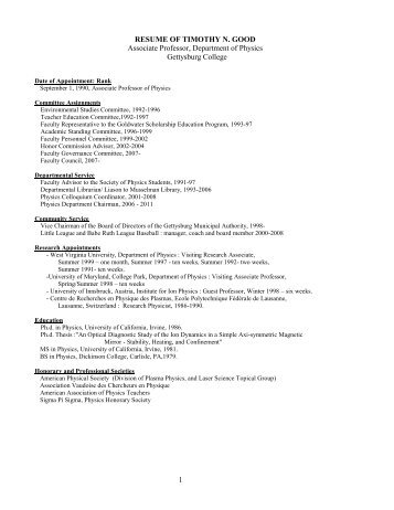 RESUME OF TIMOTHY N. GOOD - Gettysburg College