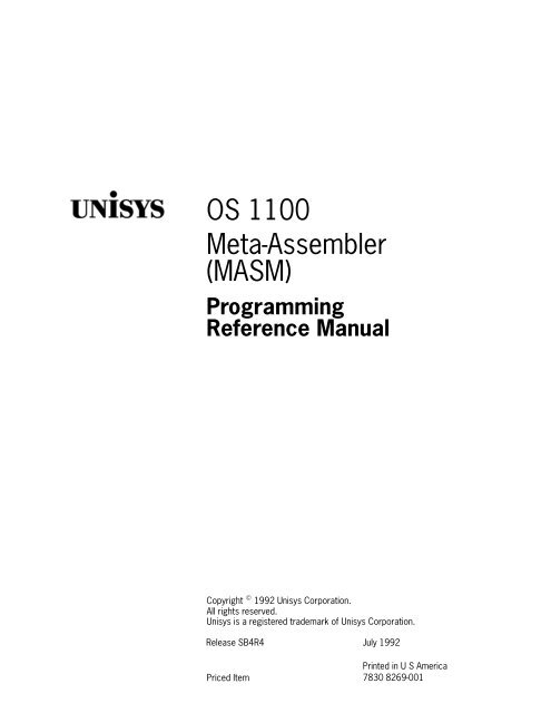 Meta-Assembler (MASM) Programming Reference Manual