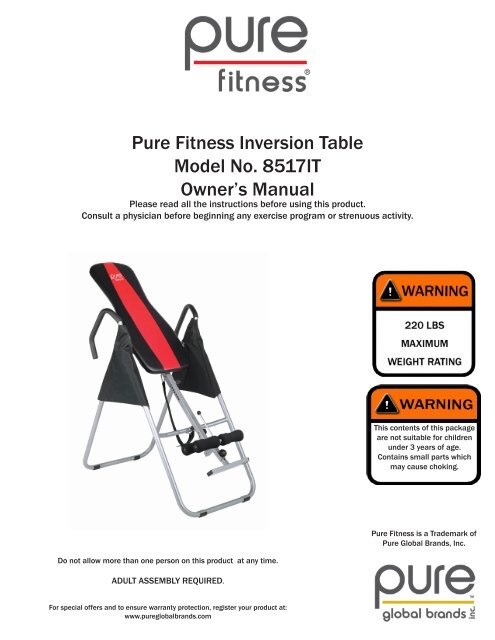 Pure Fitness Inversion Table Model No. 8517IT Owner's Manual
