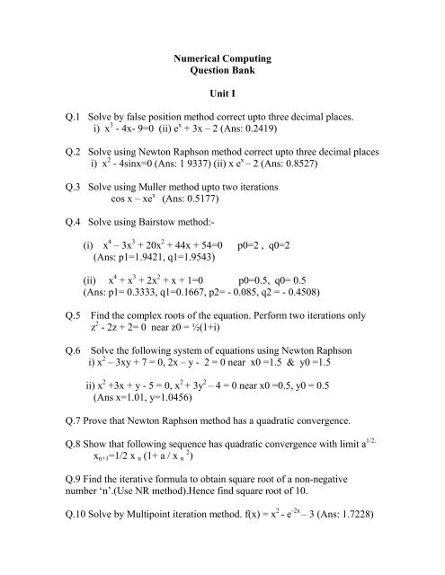 Numerical Computing Question Bank Unit I Q 1 Solve By Raisoni