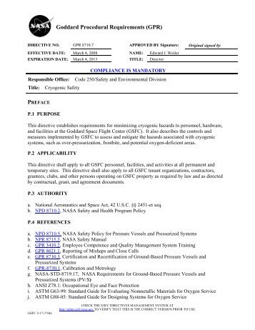 Goddard Procedural Requirements (GPR) - NASA