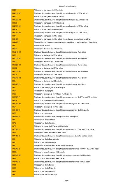 Classification de Dewey - Regnat