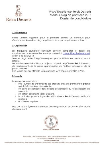 Dossier de candidature - meilleur blog de pâtisserie - Relais Desserts