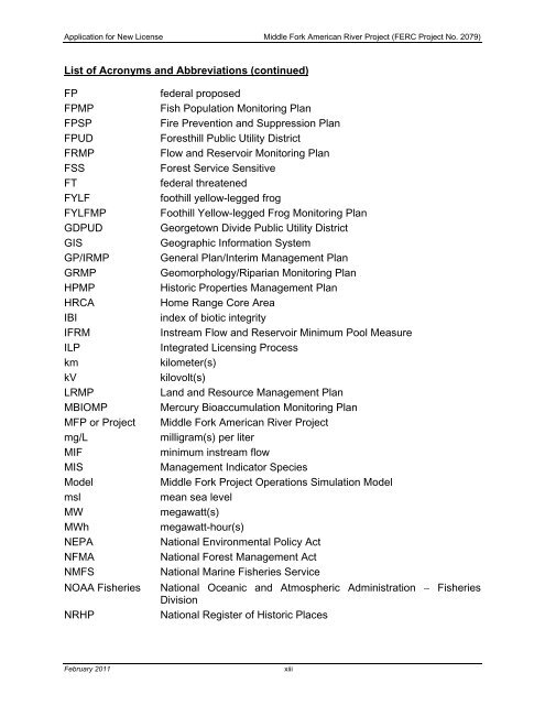 FERC Project No. 2079 - PCWA Middle Fork American River Project ...