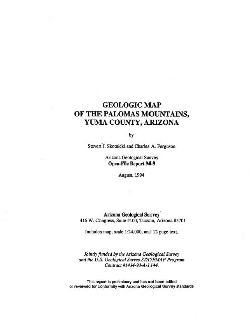 Geologic Map of the Palomas Mountains, Yuma County, Arizona