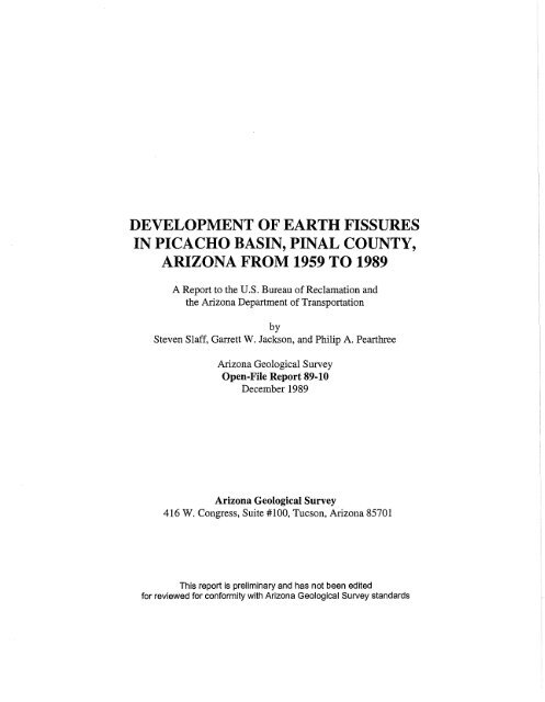 development of earth fissures in picacho basin, pinal county, arizona ...