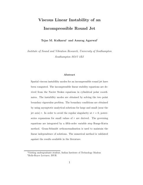 Viscous Linear Instability of an Incompressible Round Jet T.M. ...