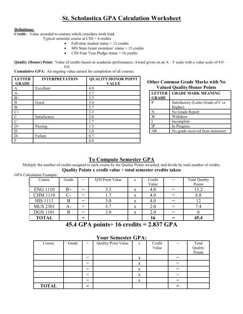 GPA Calculation Worksheet - The College of St. Scholastica