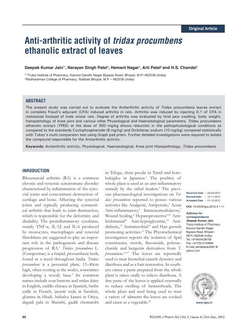 Anti-arthritic activity of tridax procumbens ethanolic extract of leaves