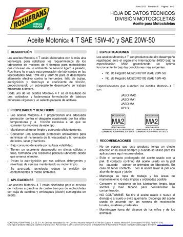 Aceite Motonic® 4 T SAE 15W-40 y SAE 20W-50 - Roshfrans